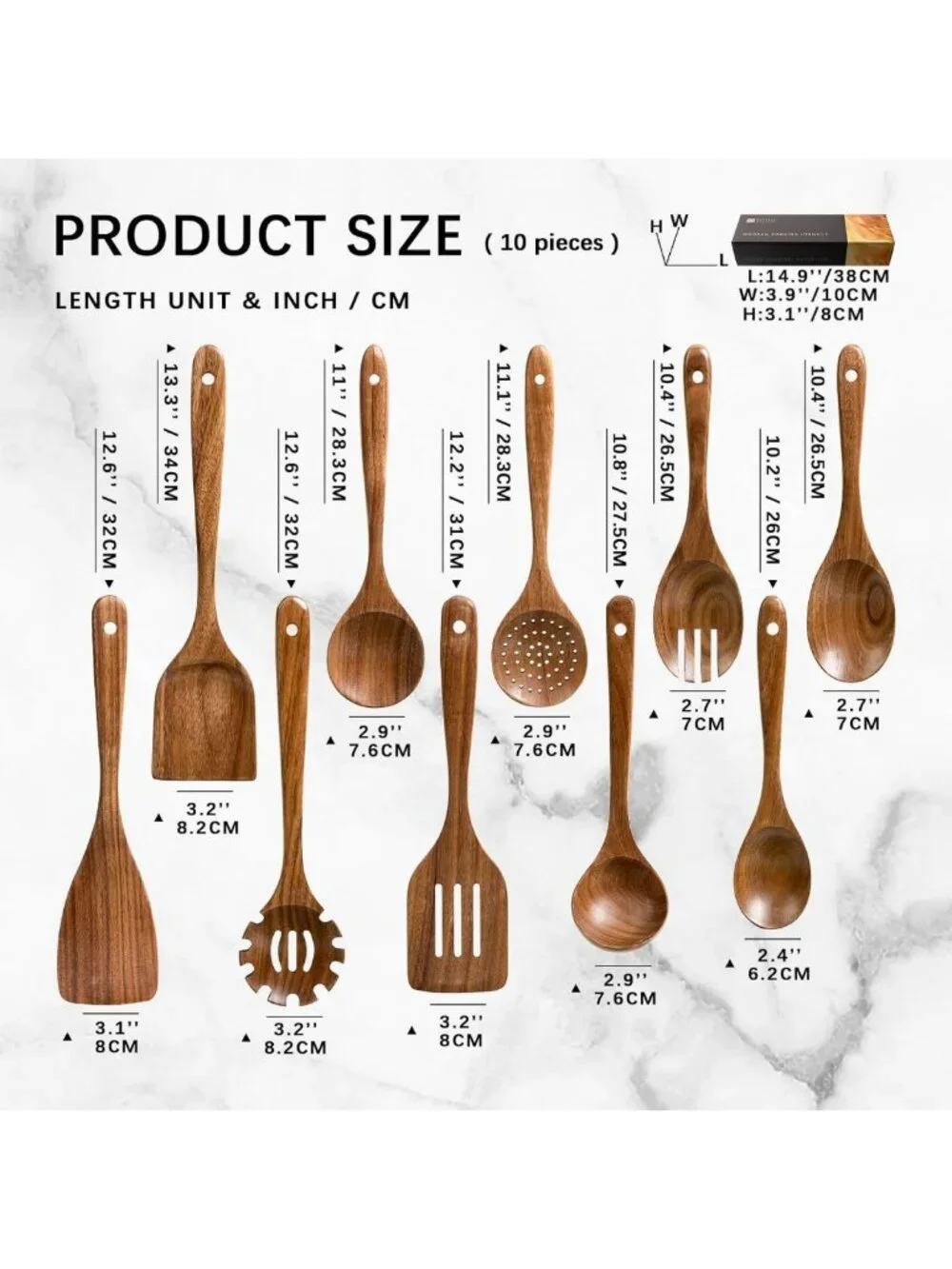 10-Piece Acacia Wood Cooking Utensil Set - Durable Wooden Spoons for Kitchen Use